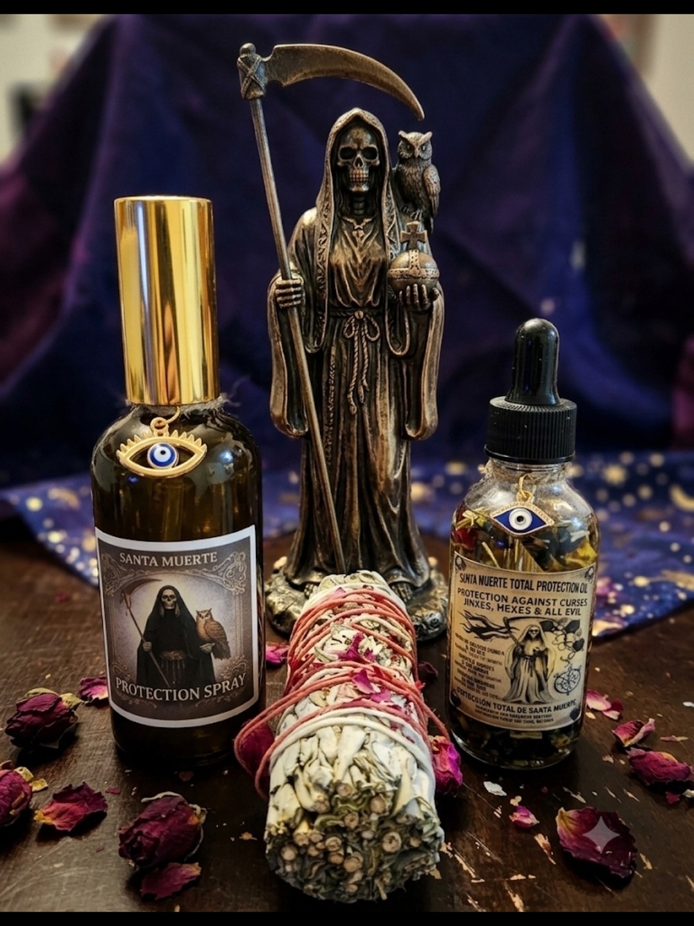 Santa Muerte Total Protection Bundle | Oil + Spray + Rose Bud Sage Smudge StickS